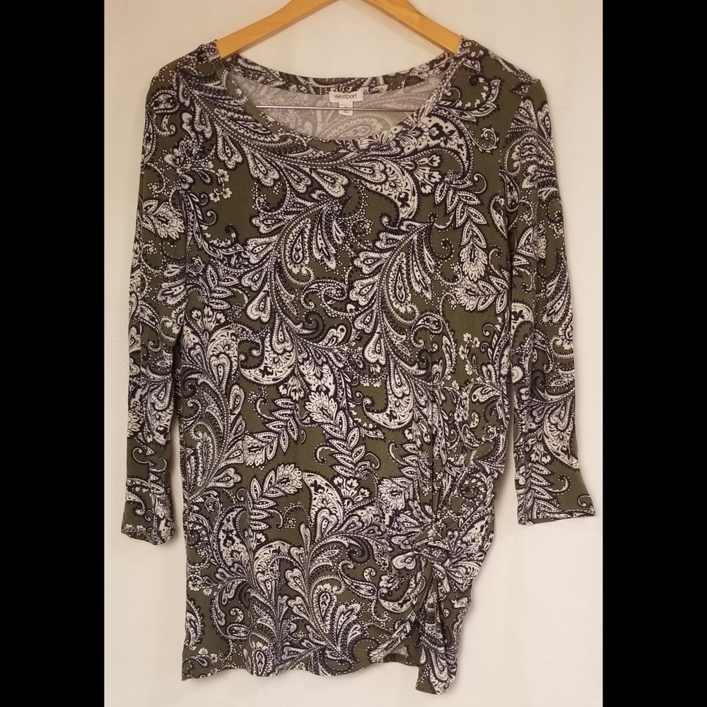 Westport Olive and White Paisley Top 3/4  Sleeves Size M